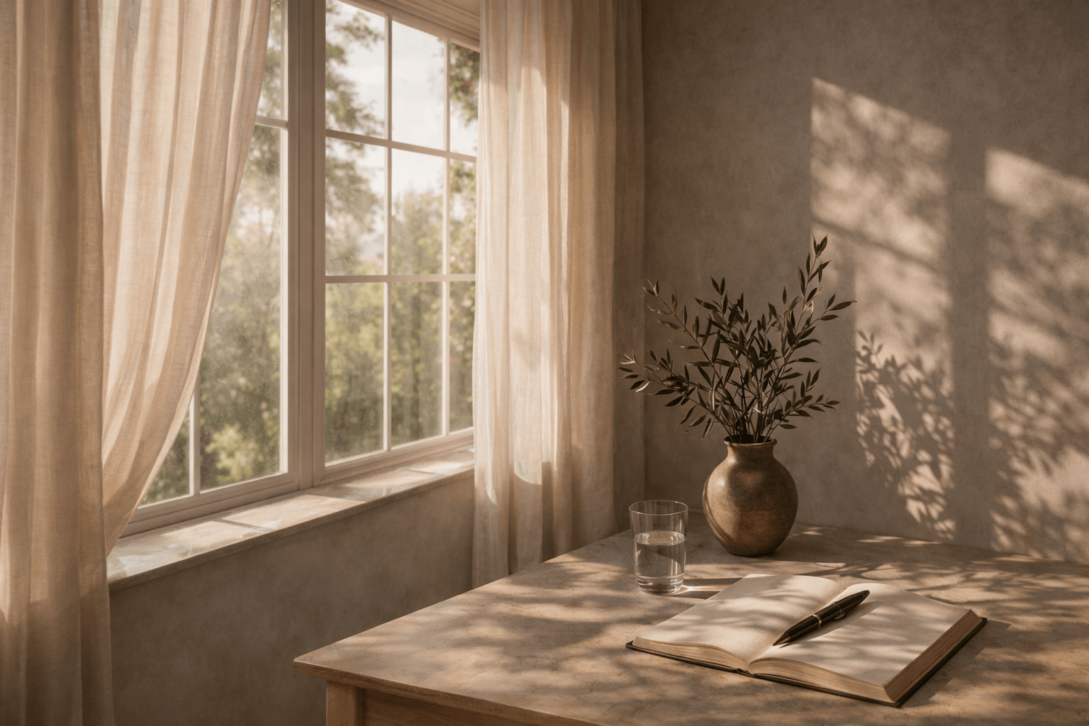 Sunlit table with a vase, glass of water, and open notebook