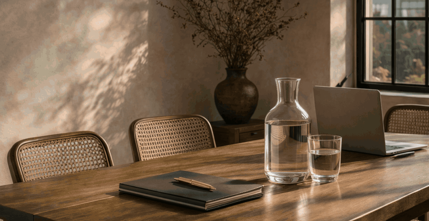 Elegant worktable with glass bottle and notebook